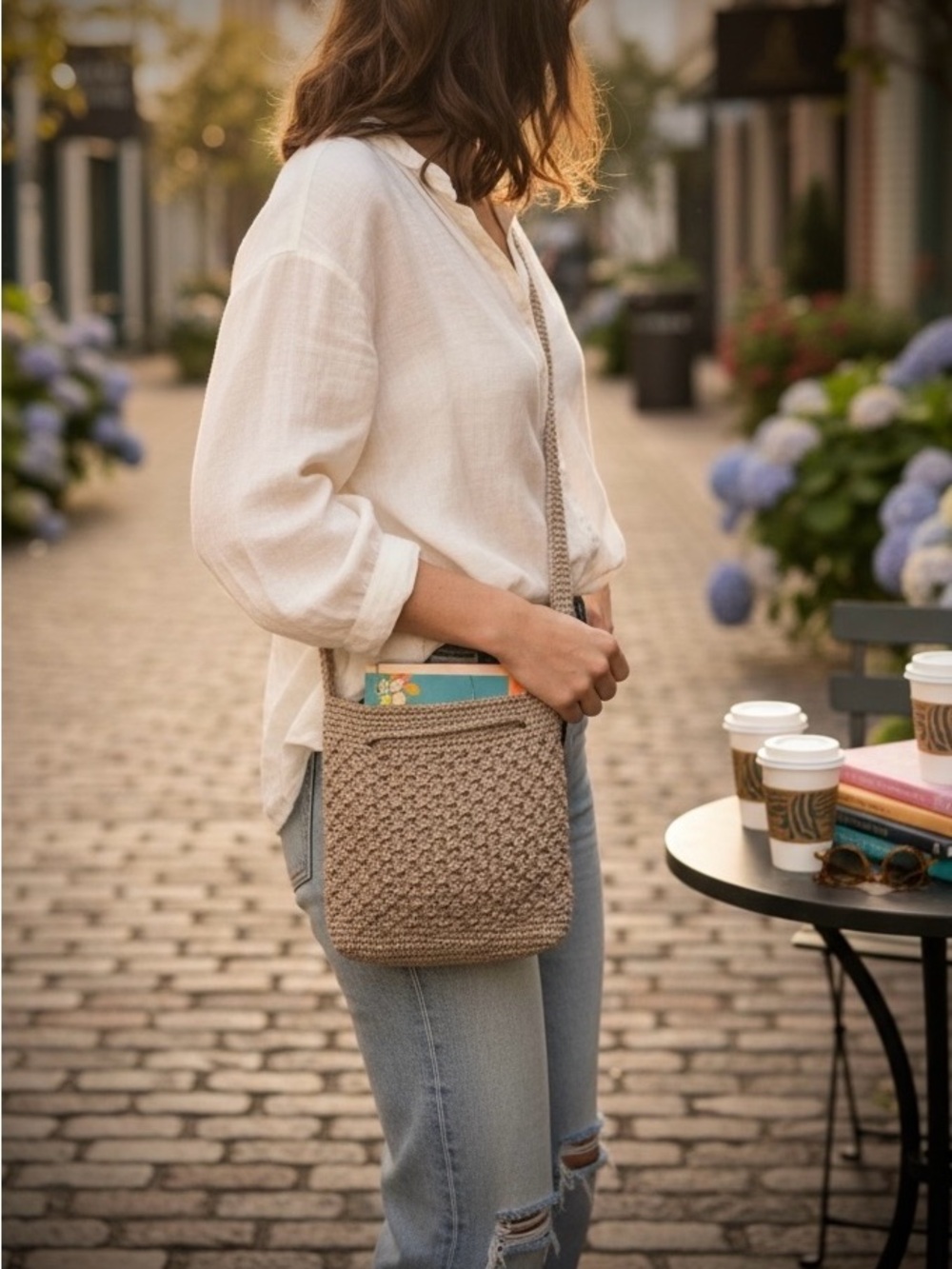 Boho Tan Crochet Crossbody Bag Woven Summer Festival Shoulder Purse